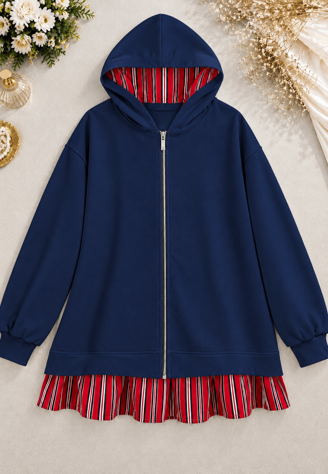 Zip-Up Kapşonlu Fermuarlı Çizgi Detaylı Oysho Sweat - Lacivert