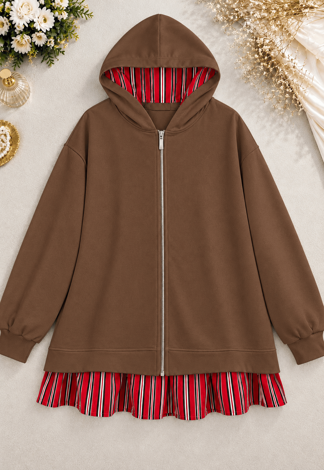 Zip-Up Kapşonlu Fermuarlı Çizgi Detaylı Oysho Sweat - Kahve