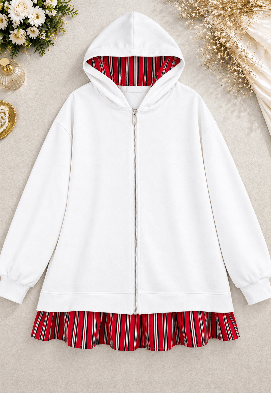 Zip-Up Kapşonlu Fermuarlı Çizgi Detaylı Oysho Sweat - Beyaz