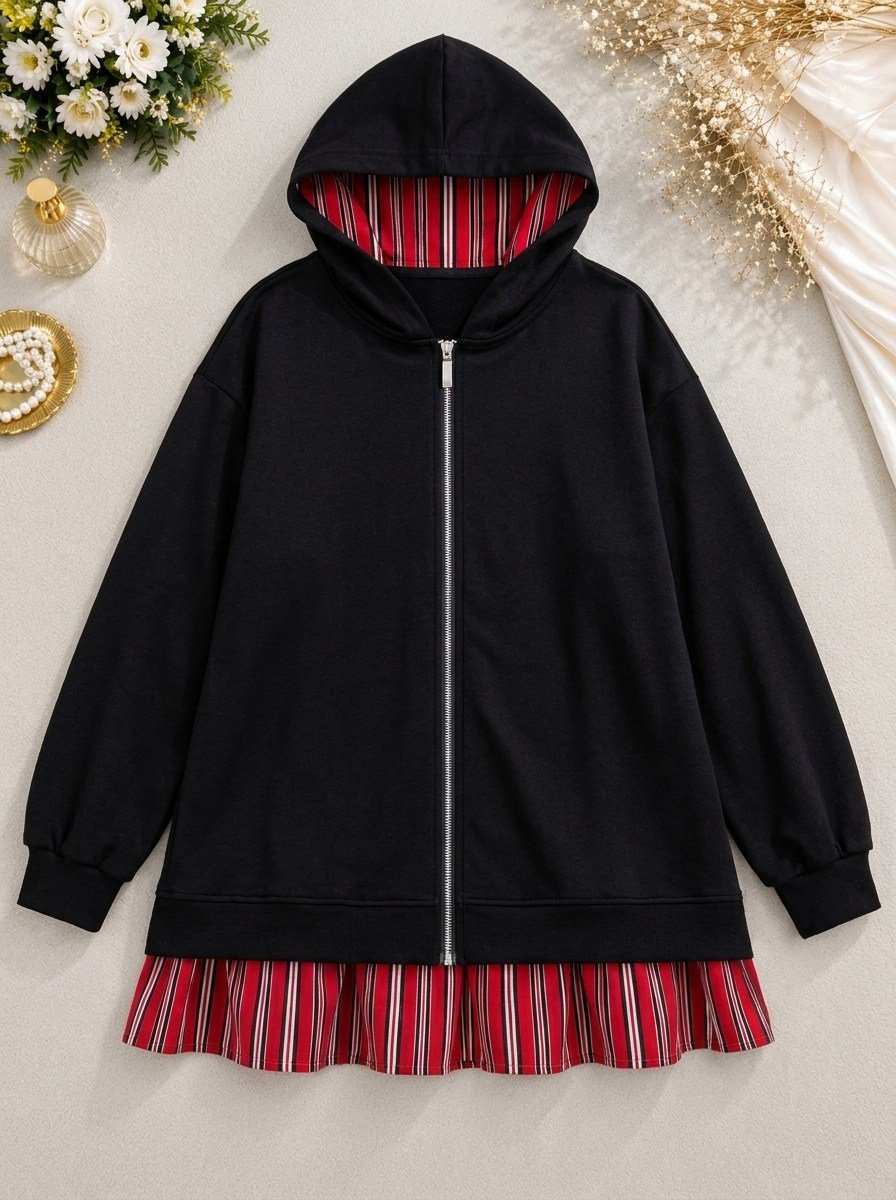 Zip-Up Kapşonlu Fermuarlı Çizgi Detaylı Oysho Sweat - Siyah