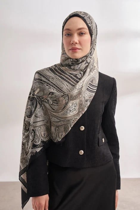 İTHAL VUAL MYSTIC DESEN ŞAL - SİYAH-KREM