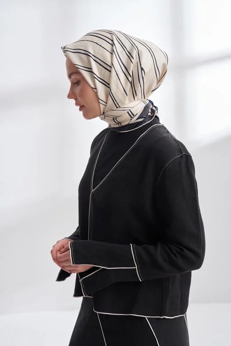 MARBLING DESEN ÇİFT TARAFLI TWILL İPEK EŞARP - KREM/SİYAH - KREM/LACİVERT