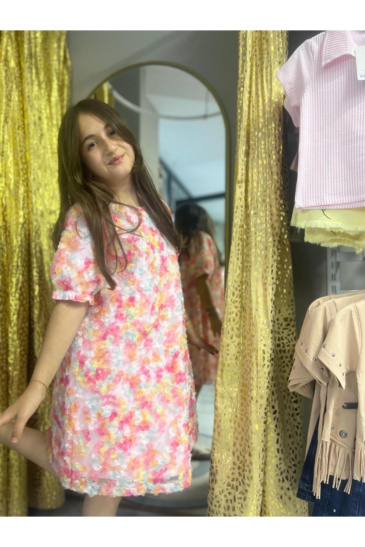 Kız Çocuk Çiçek Aplikeli Tül Elbise Pudra Pembe