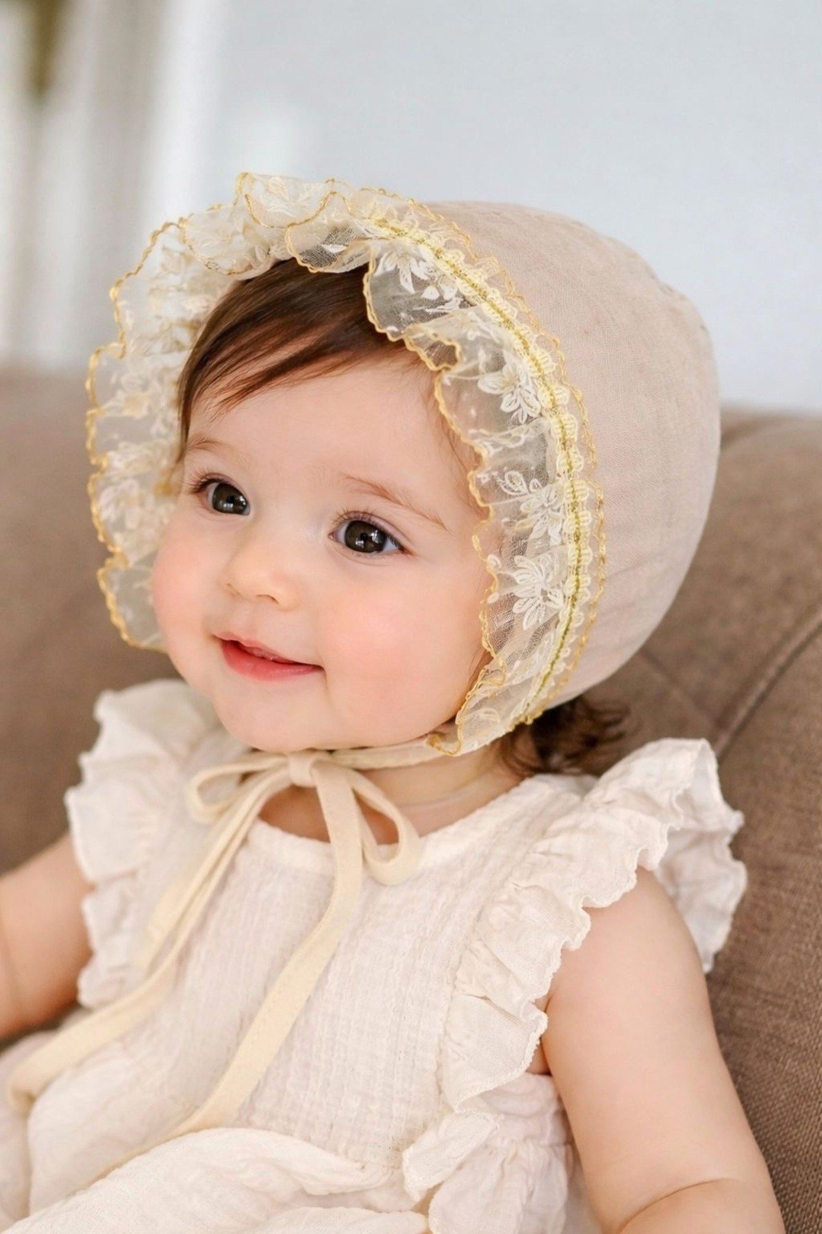 Yeni Model %100 Organik Pamuk Müslin Güpür Detaylı Vizon Gold Bebek Mevlüt Abiye Şapka