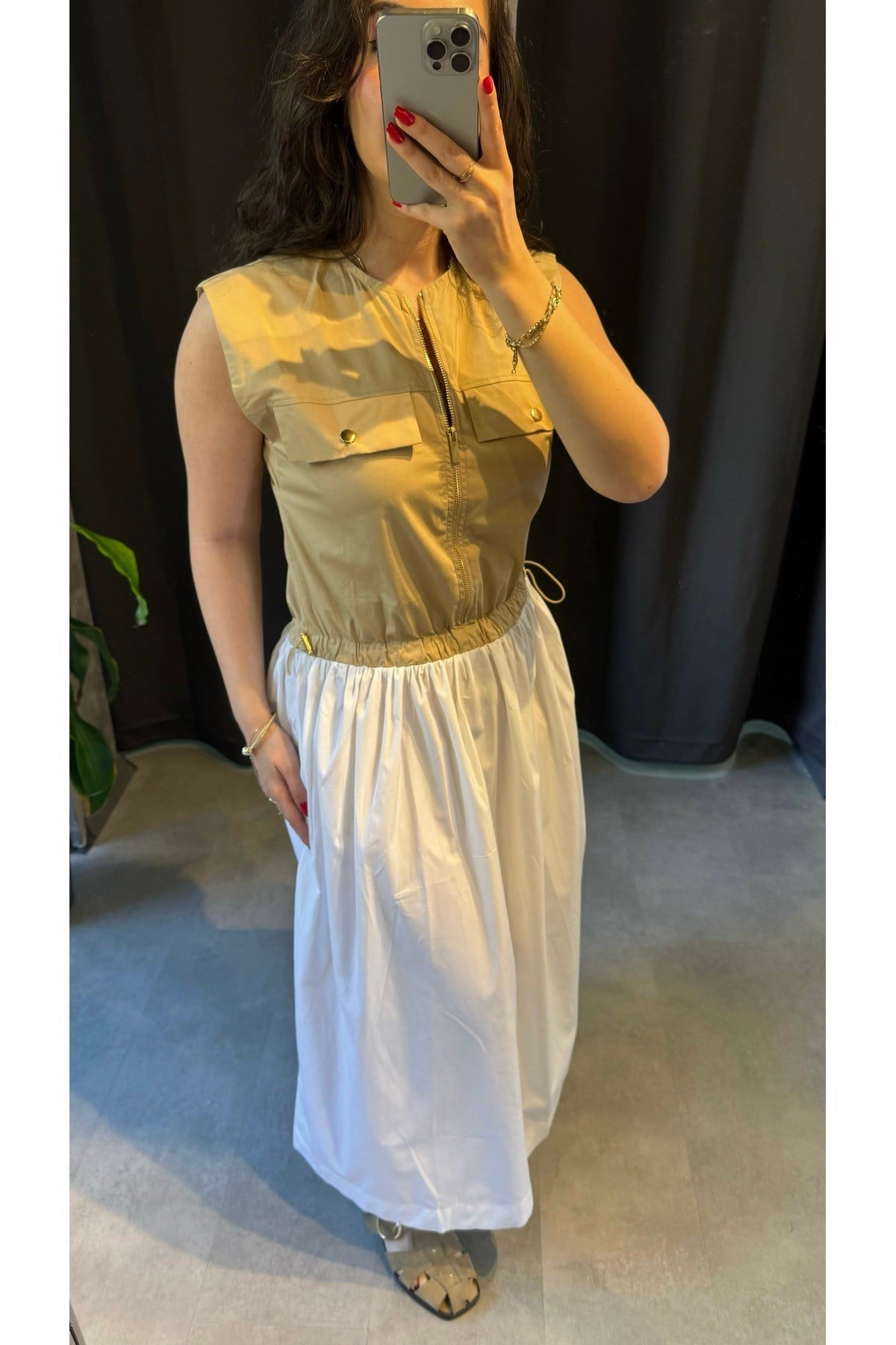 Camel Beli İpli Cepli Poplin Elbise