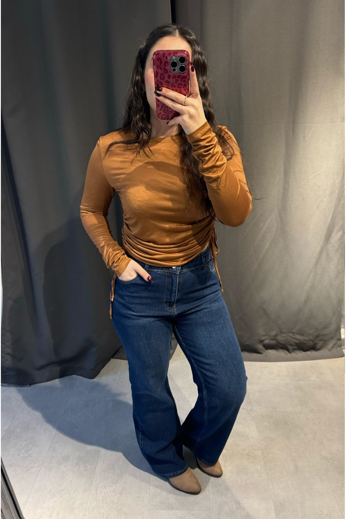 Kahverengi Büzgülü Slim Fit Bluz