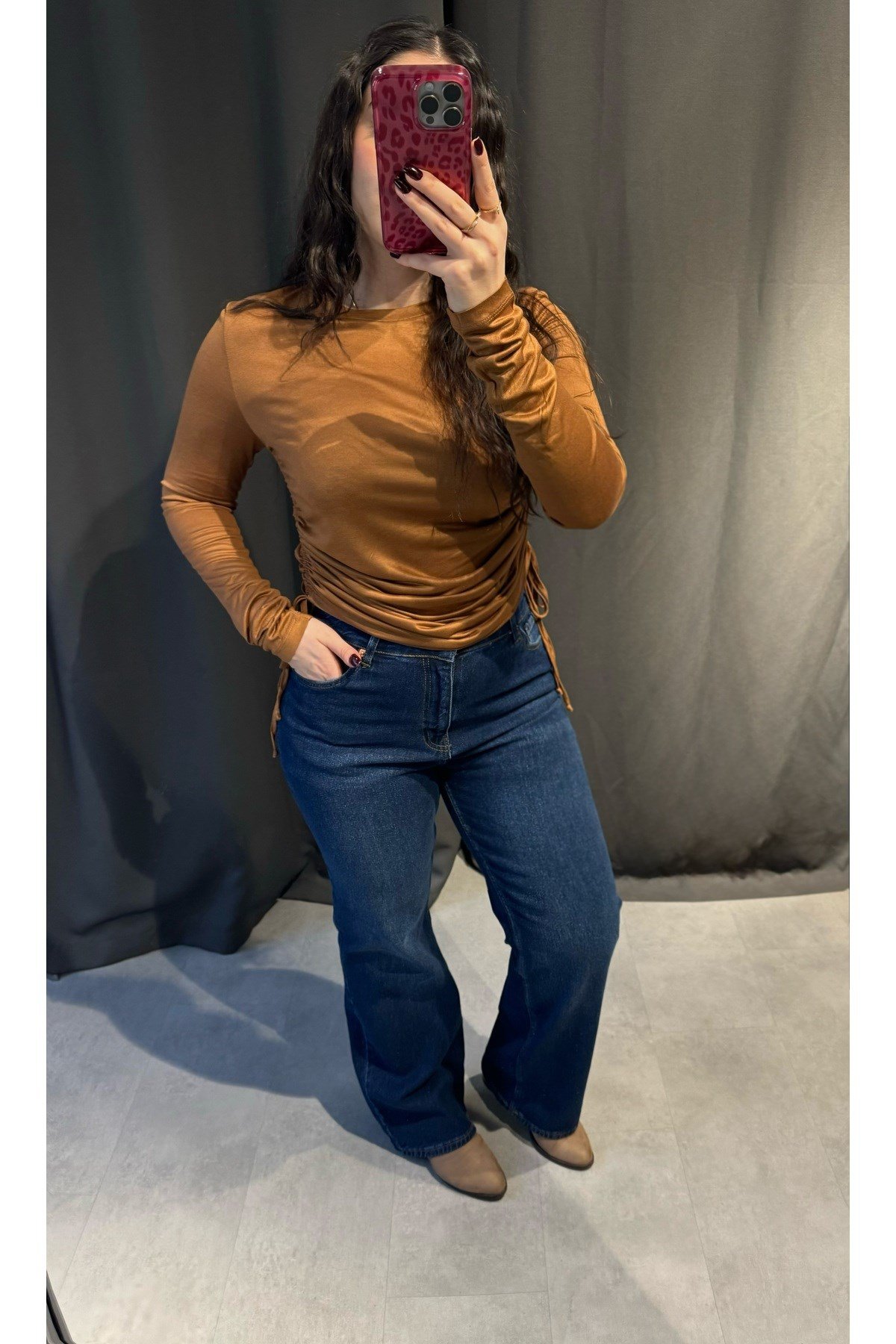 Kahverengi Büzgülü Slim Fit Bluz