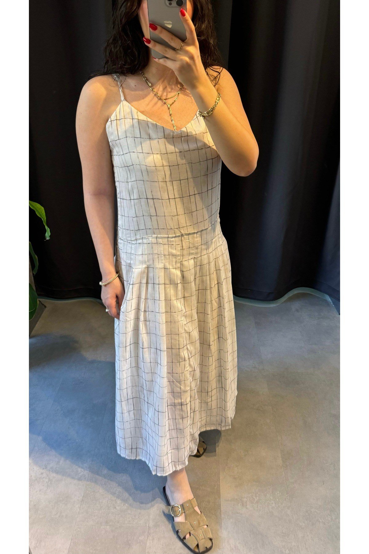 Kare Desenli Midi Boy Astarlı İnce Askılı Elbise
