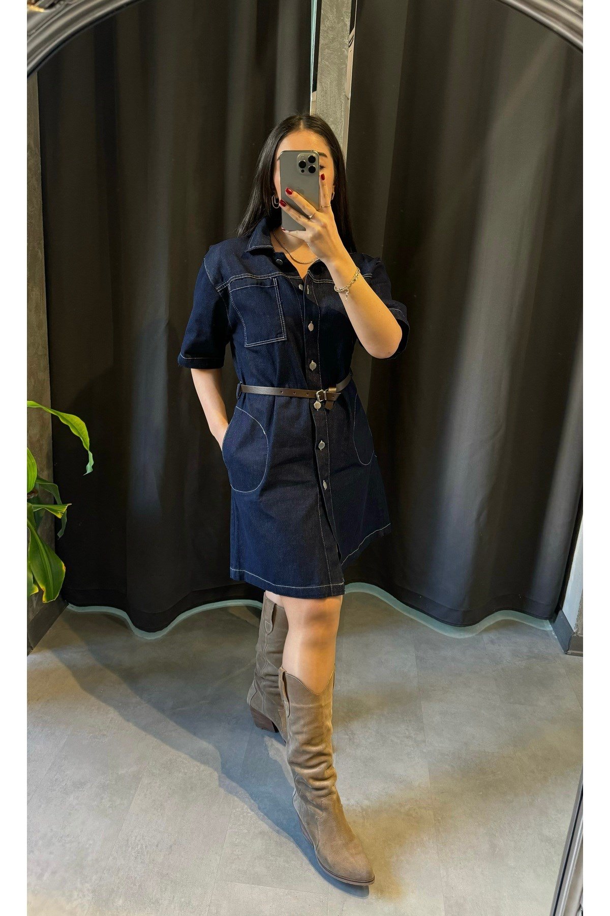 Kemerli Denim Elbise
