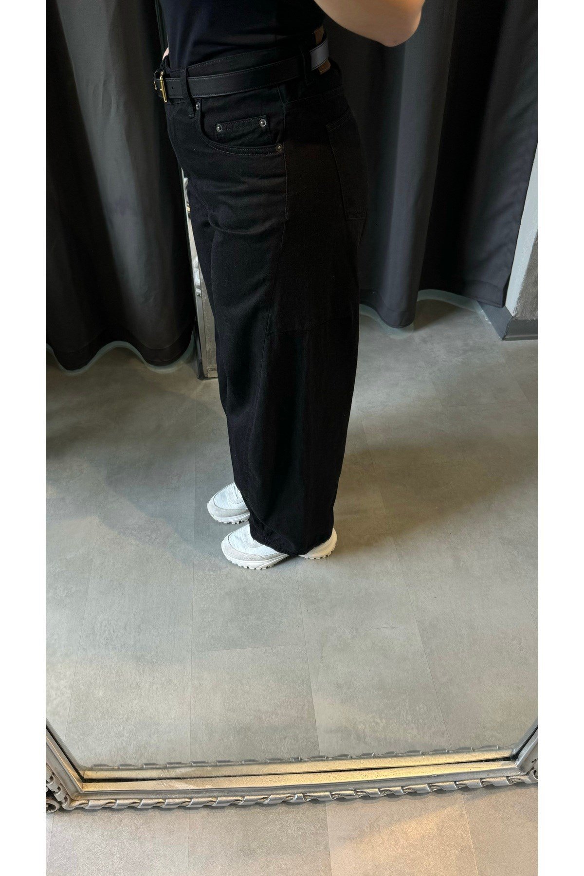 Oversized Orta Bel Siyah Jean