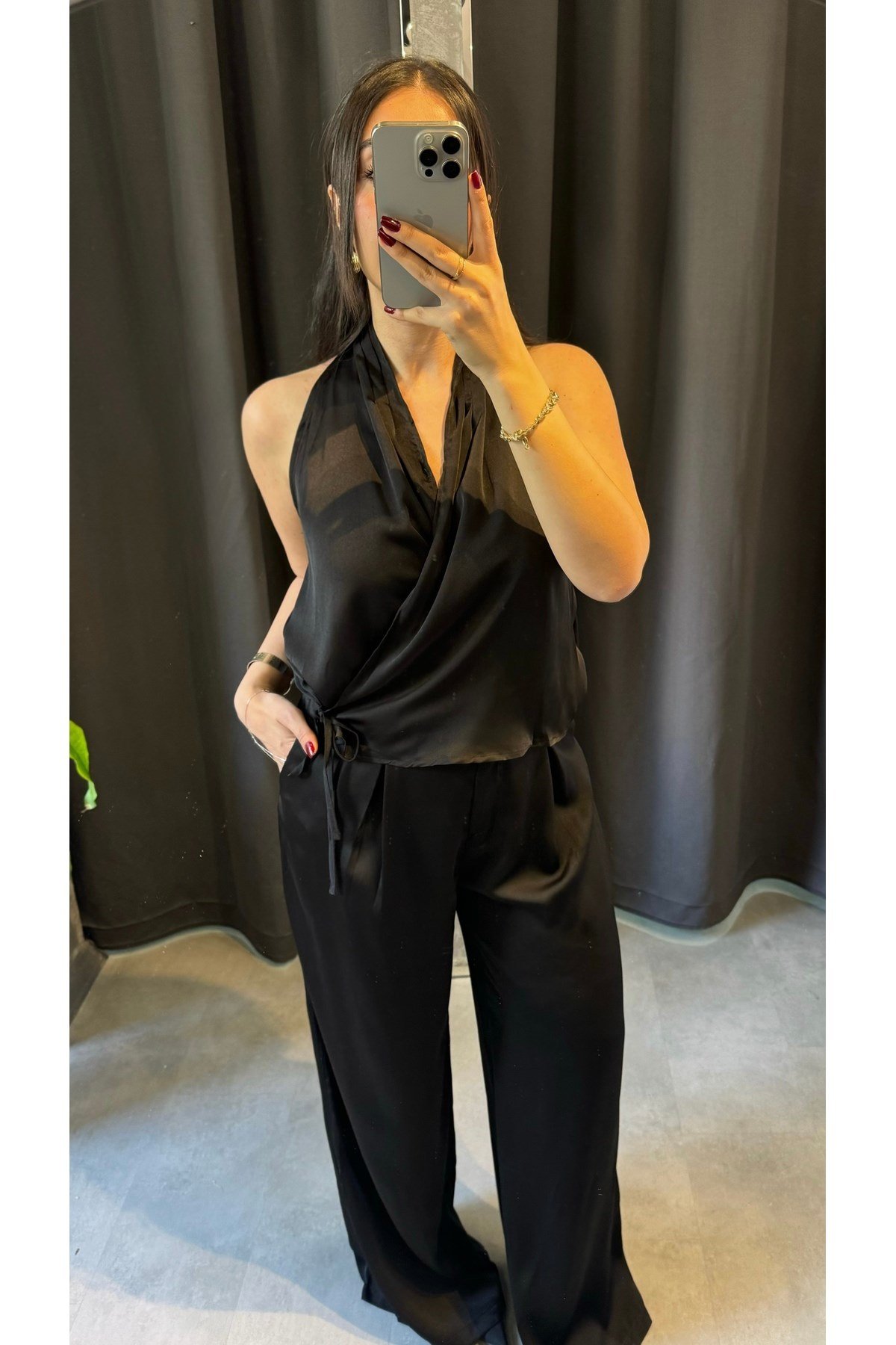 Siyah Saten Kruvaze Model Bluz Ve Pantolon Takım