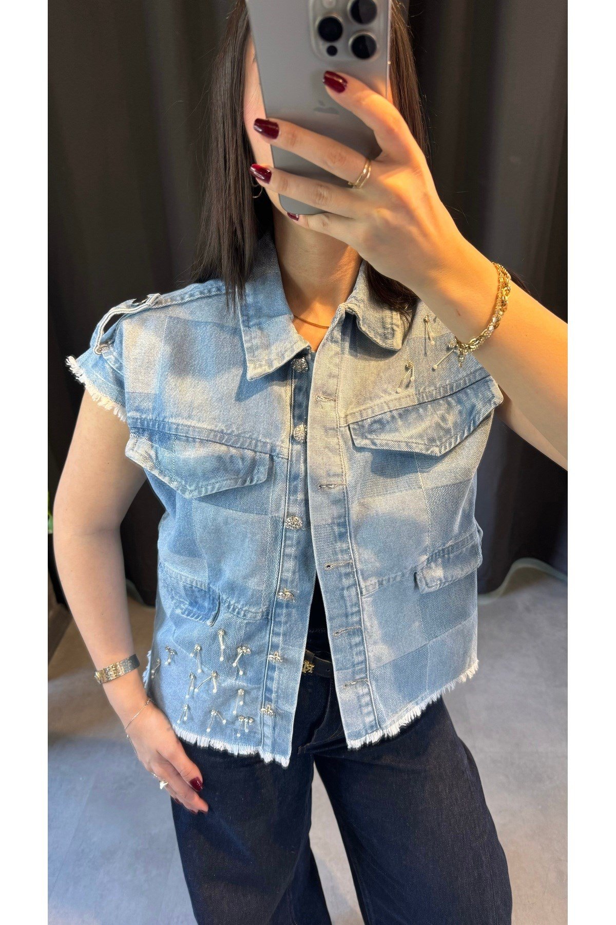 Taş Ve Apoletli Denim Yelek Açık Mavi