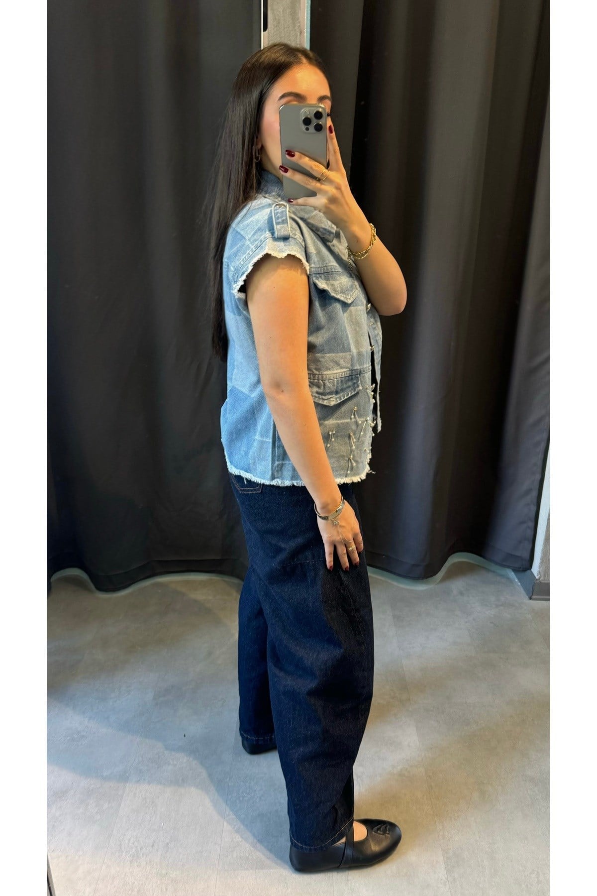Taş Ve Apoletli Denim Yelek Açık Mavi
