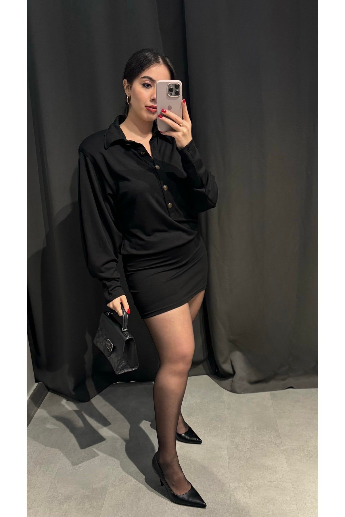 Vatkalı Gold Düğmeli Mini Elbise