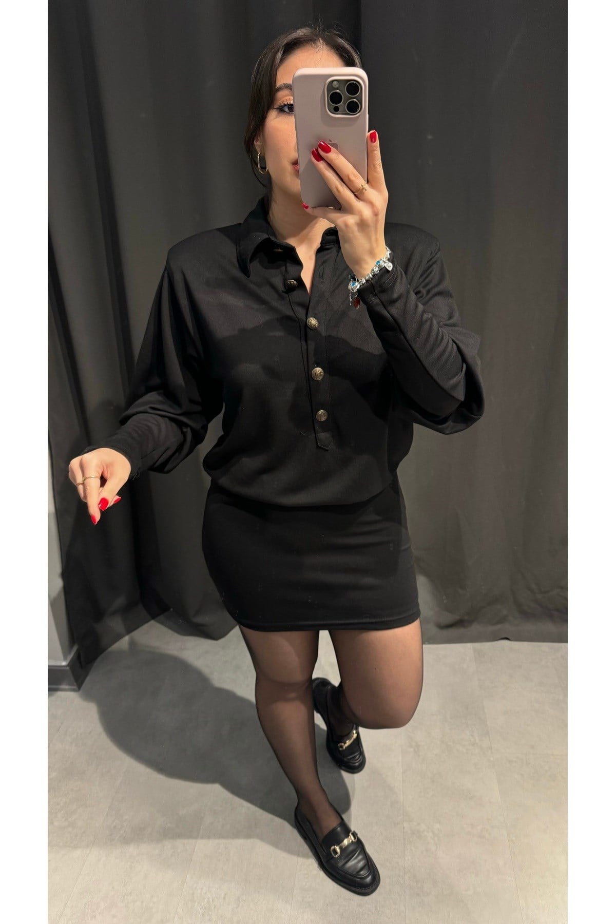 Vatkalı Gold Düğmeli Mini Elbise
