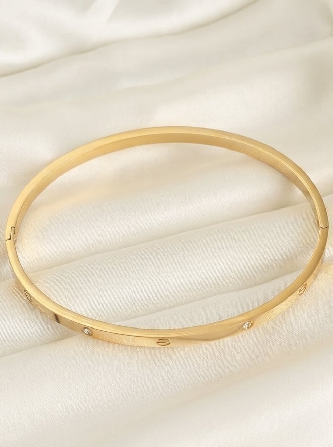 316L Çelik Zirkon Taşlı 65 mm İnce Gold Kelepçe Bileklik