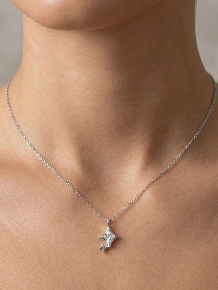 İkili Yıldızlı Silver Çıtır Kolye
