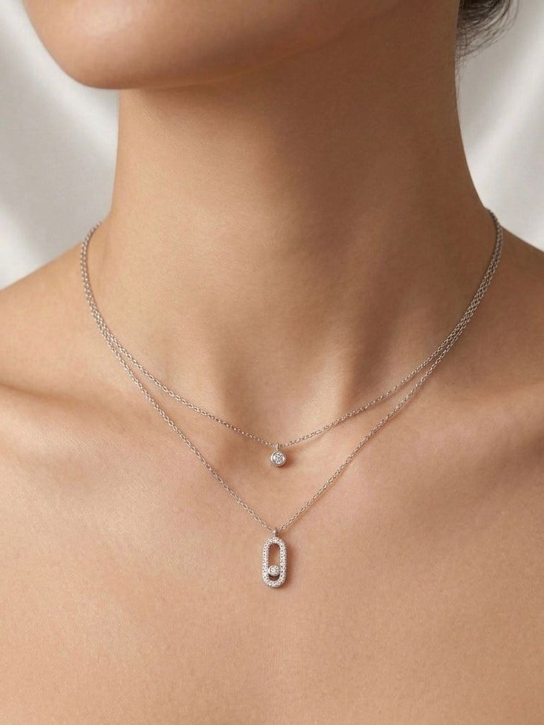 Oval Nokta Detaylı Zirkon Taşlı Silver Çıtır Kolye