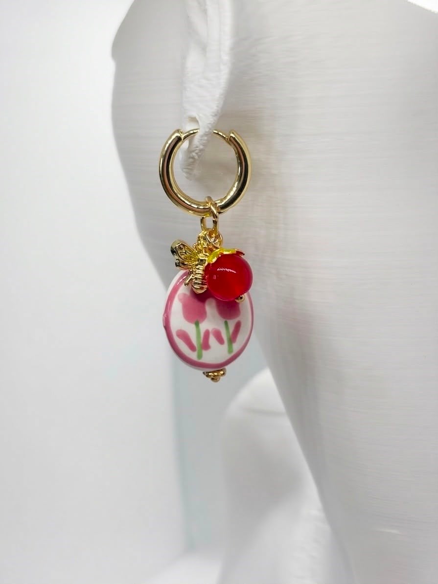Pembe Lale Bahçesi Gold Küpe