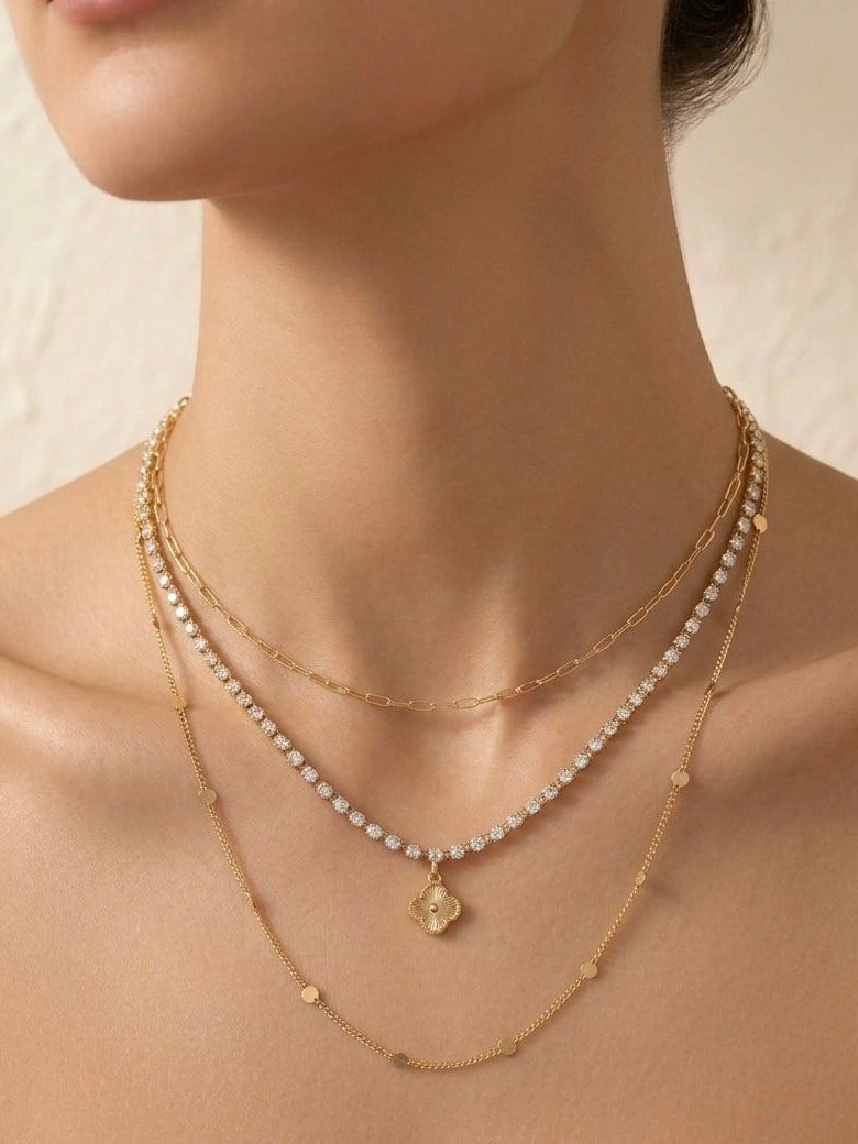 Taşlı Yonca Gold Üçlü Kolye