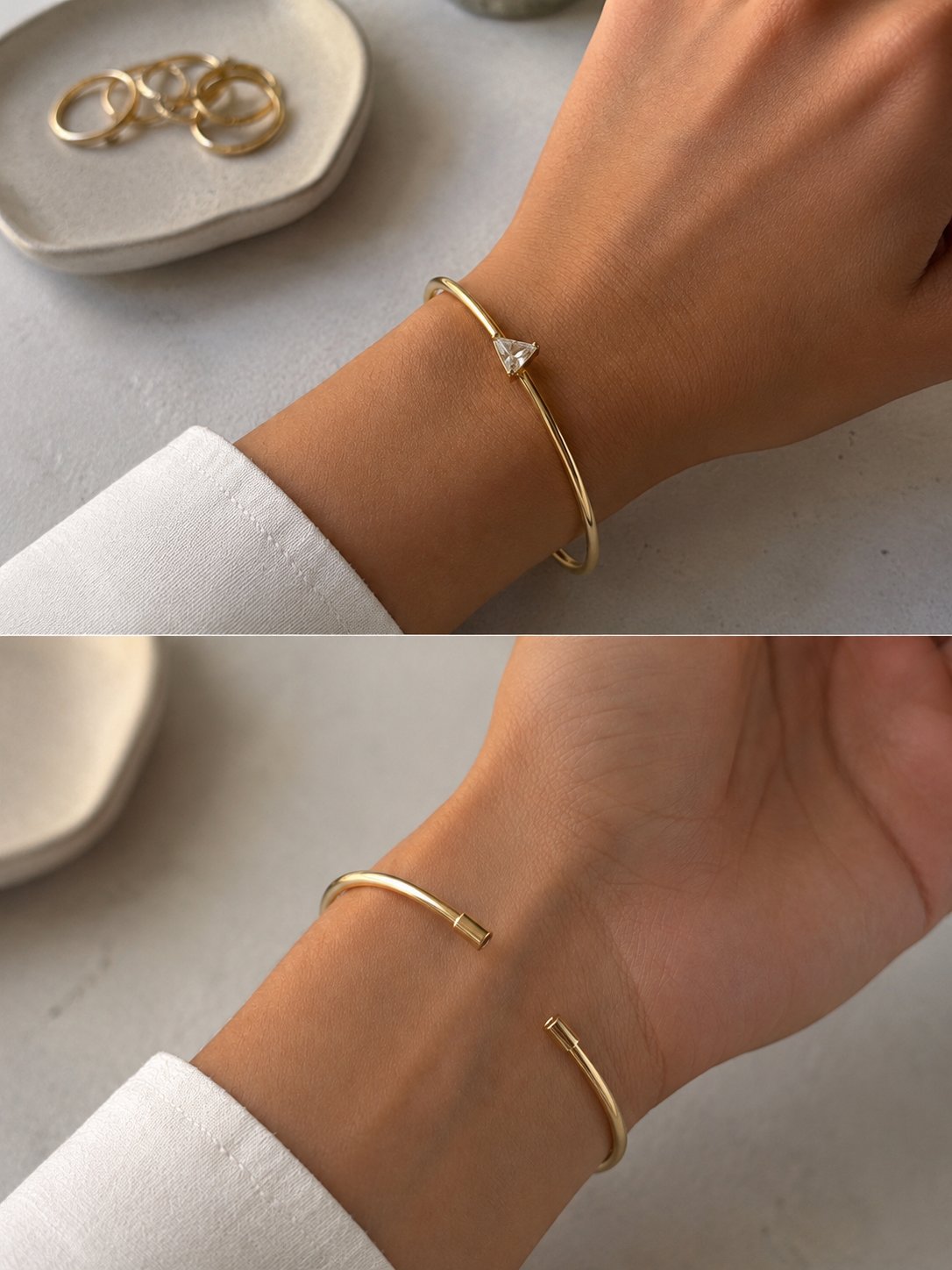 Üçgen Kesim Taşlı Gold Kelepçe Bileklik