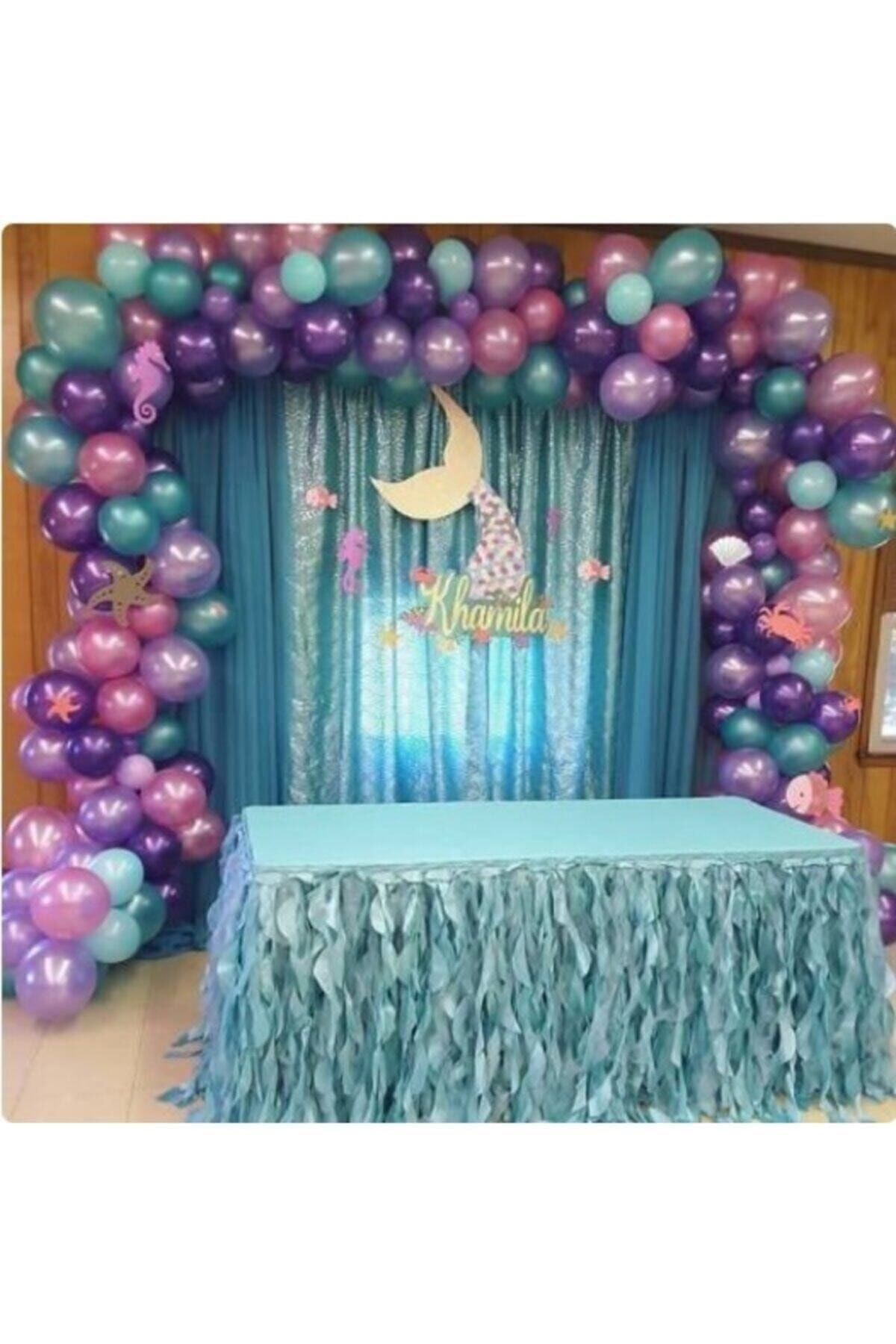 50 Adet Deniz Kızı Balon Konsepti Mor Lila Mavi Pembe 2,5 m Balon Zinciri