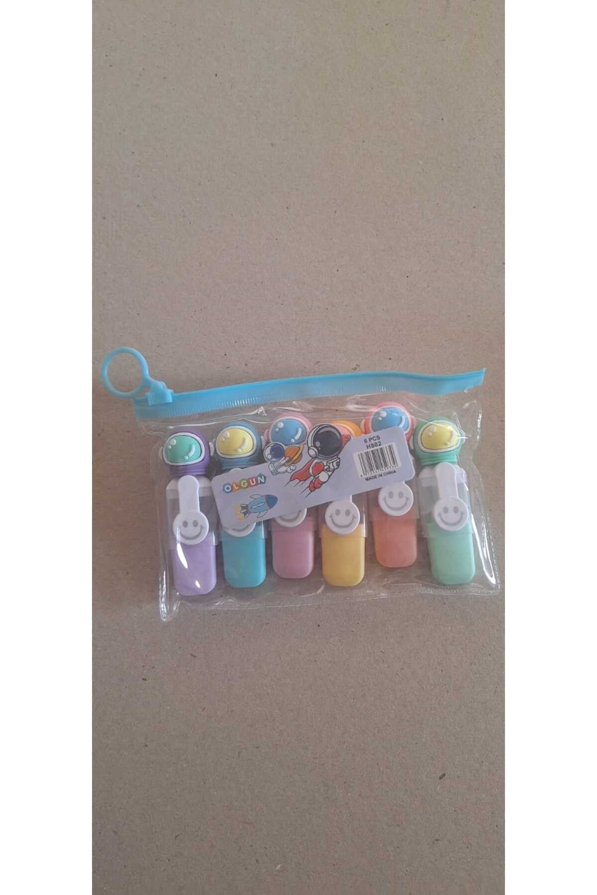 astronot desenli 6 renk, desenli çantalı mini işaret kalemi