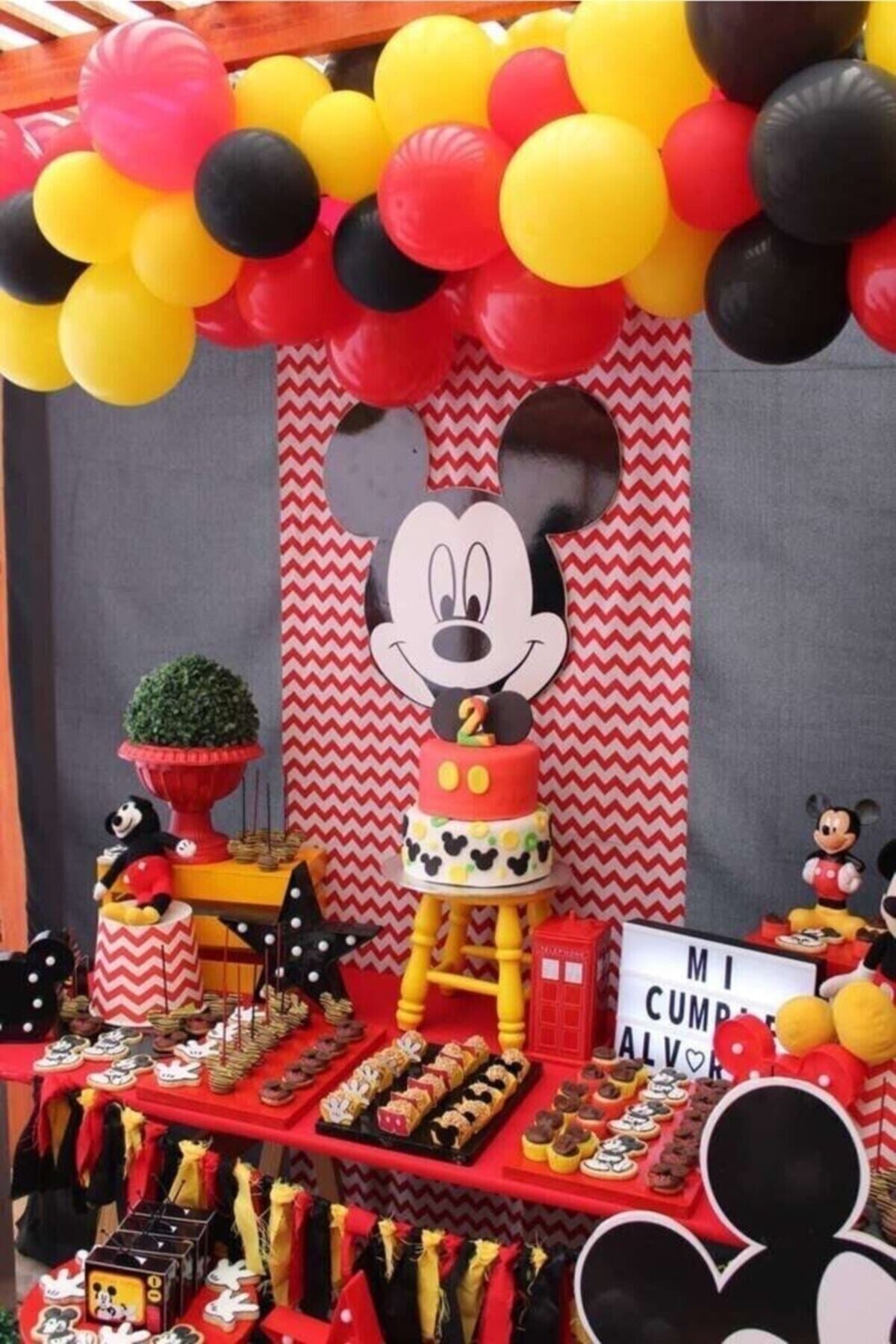 Mıckey Mouse Konsept Balon Parti Süsleme 30 Adet Kırmızı Siyah Sarı Metalik Balon Ve Balon Zinciri