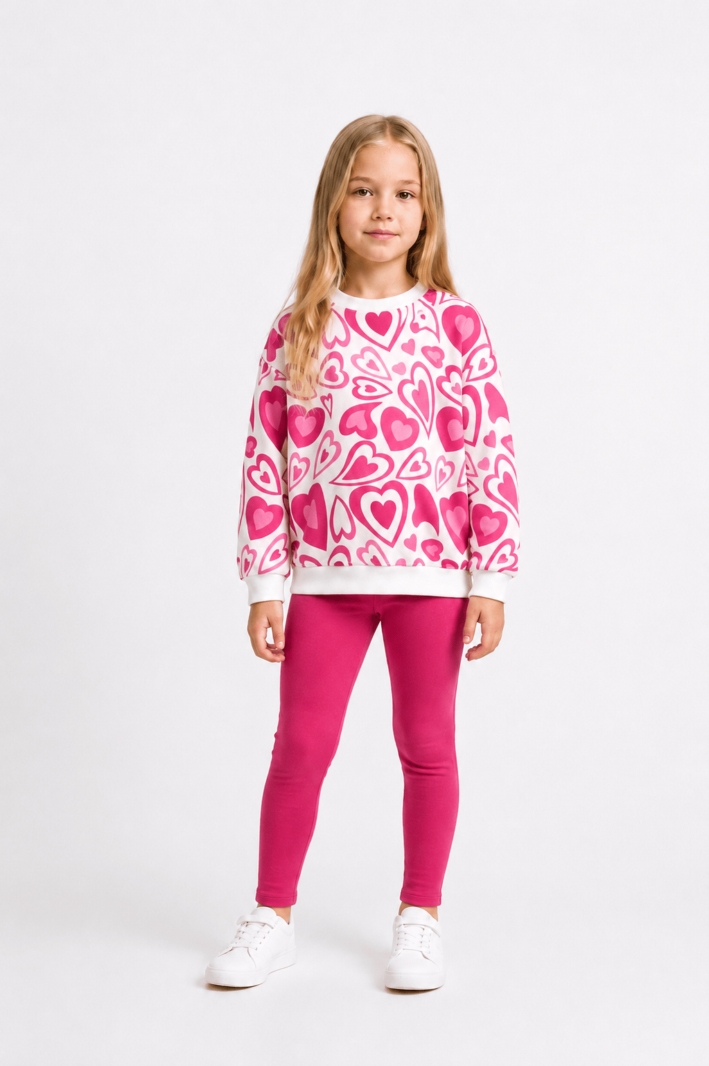 Kalp Desenli Sweatshirt Tayt İkili Takım Pembe