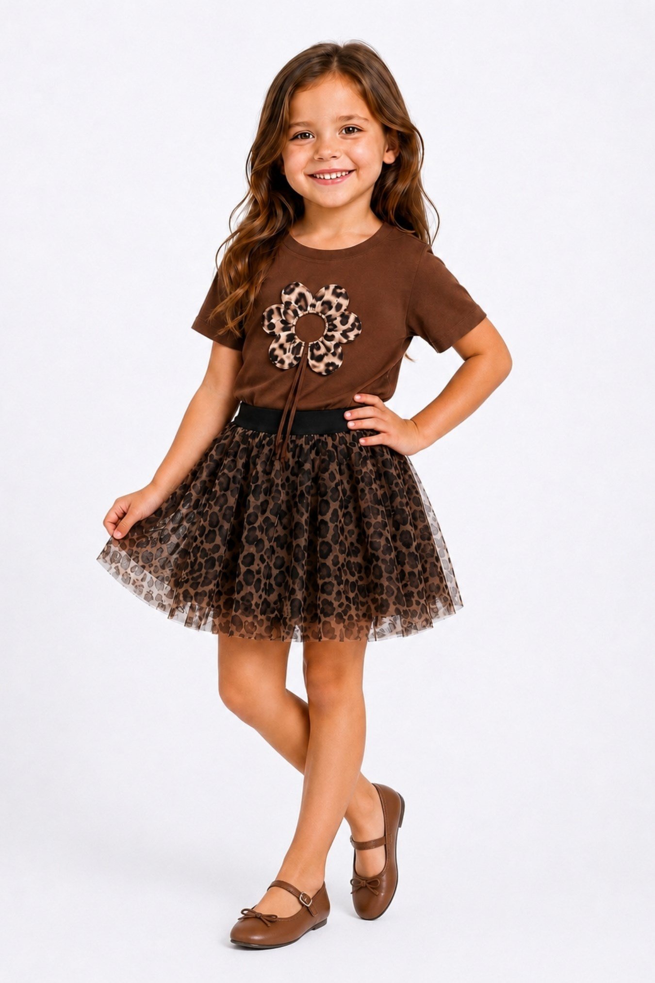 Leopar Desenli Bluz Tütü Etek Takım Kahverengi