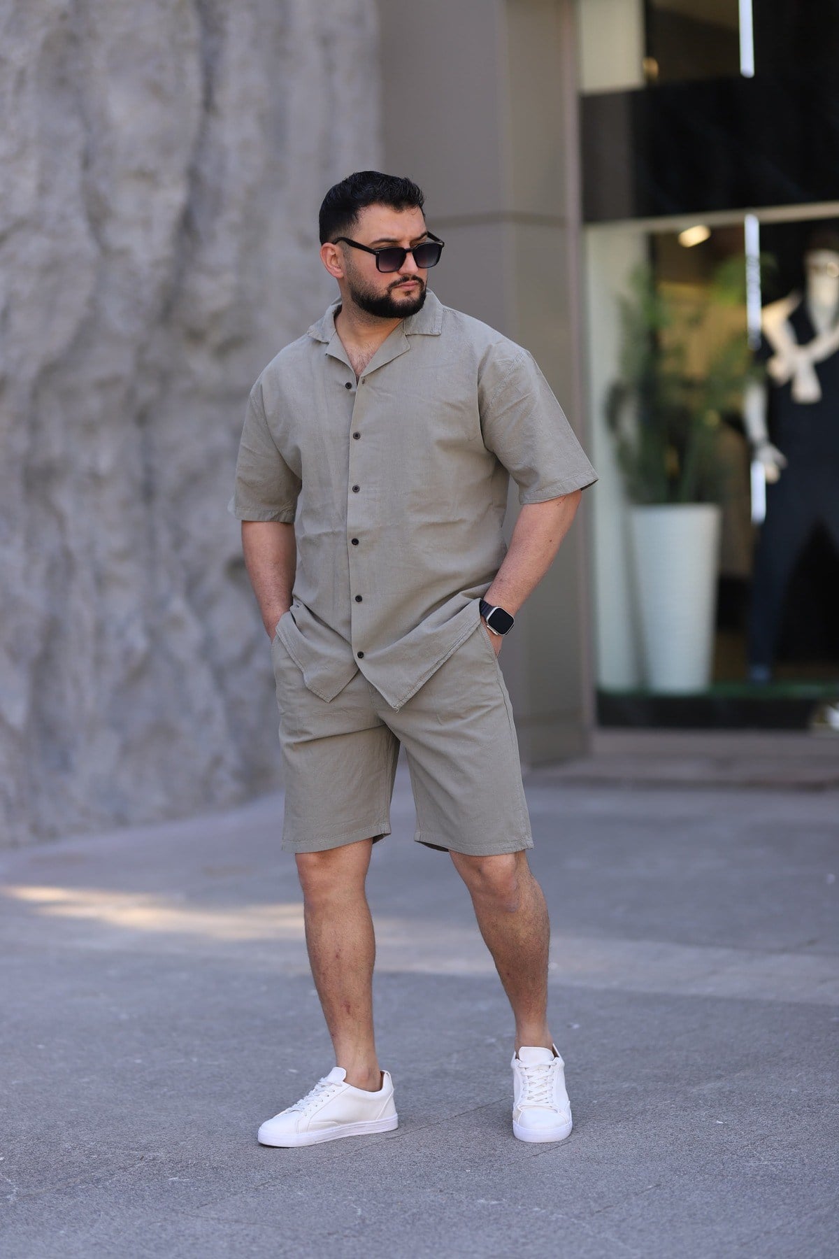 Çağla Yeşili Renk Gömlek Şort Erkek Keten Takım Oversize Kalıp