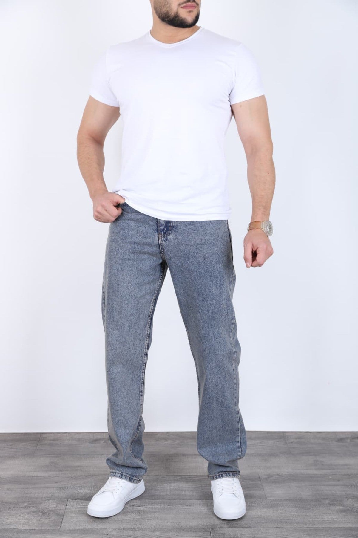 Erkek Açık Gri Baggy Kot Pantolon - Geniş Kalıp Günlük Rahat Denim Jean