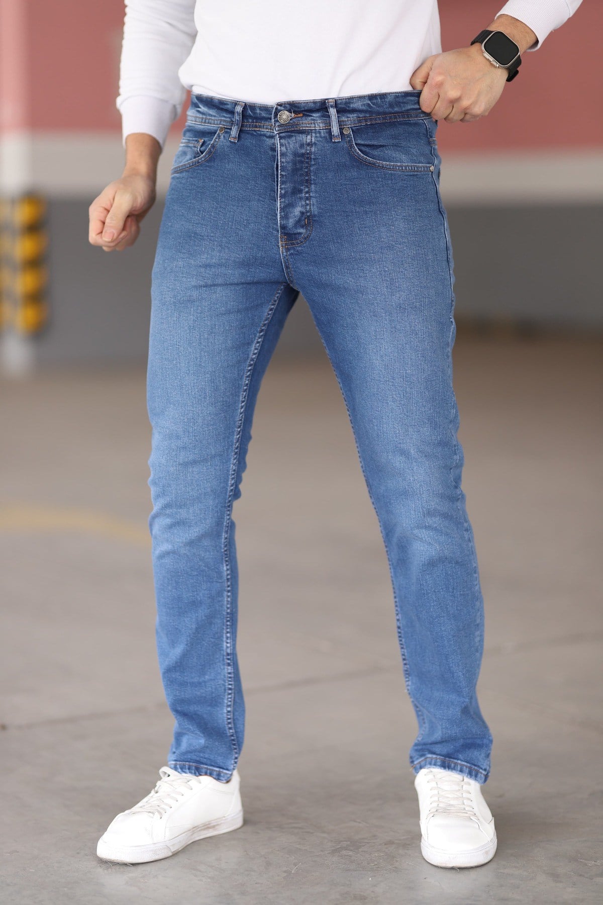Erkek Açık Lacivert Kot Pantolon Urban Fit Denim Esnek Rahat Kalıp Günlük Jean Pantolon