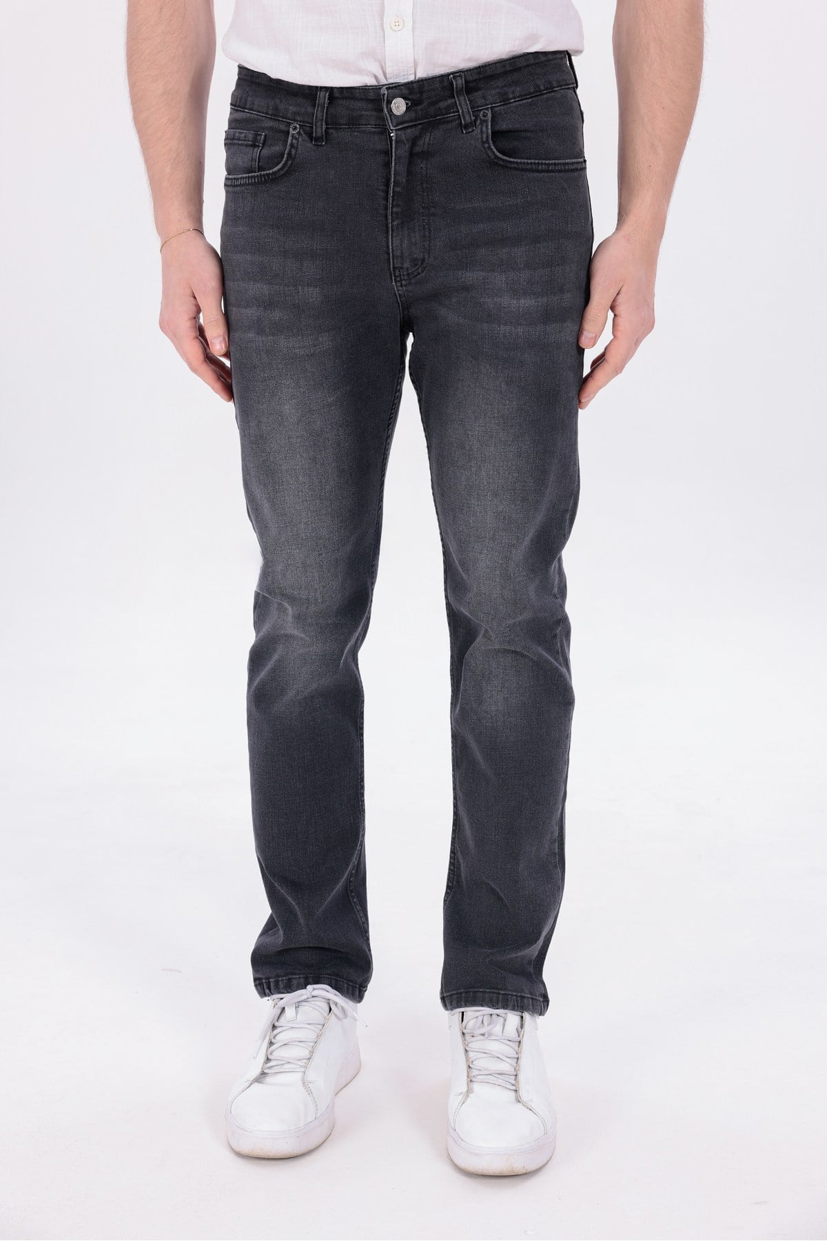 Erkek Antrasit Gri Regular Fit Düz Paça Esnek Denim Kot Pantolon Günlük