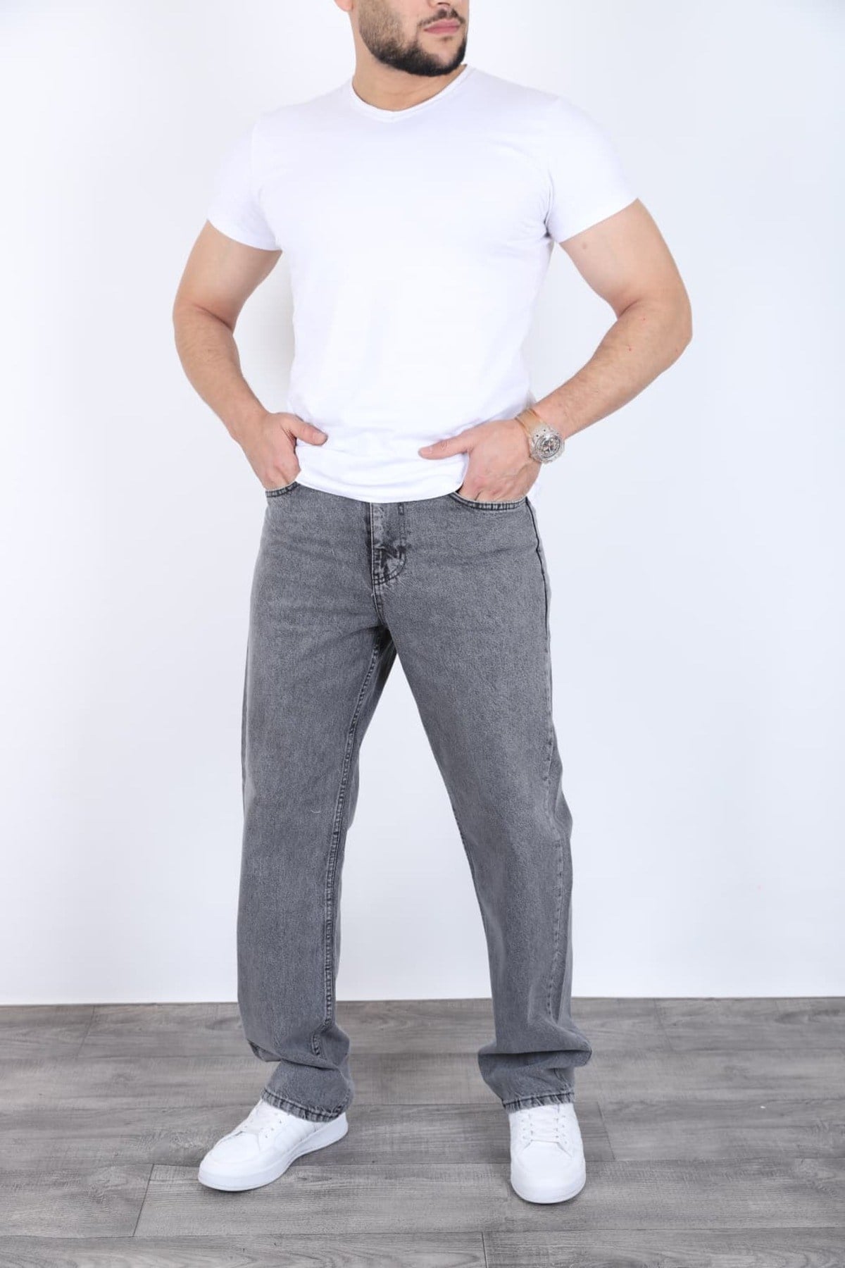 Erkek Arsenik Gri Baggy Kot Pantolon - Geniş Kalıp Günlük Rahat Denim Jean
