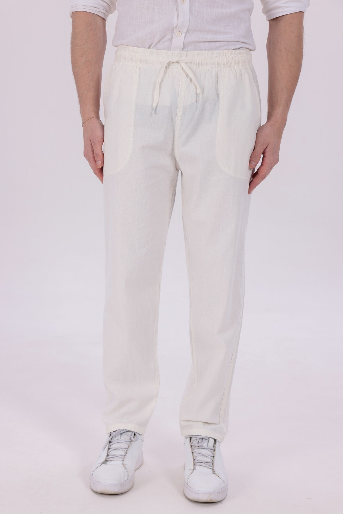 Erkek Beyaz Jogger Pantolon Beli Lastikli Bağcıklı %100 Pamuk Keten Baggy Rahat Günlük Pantolon