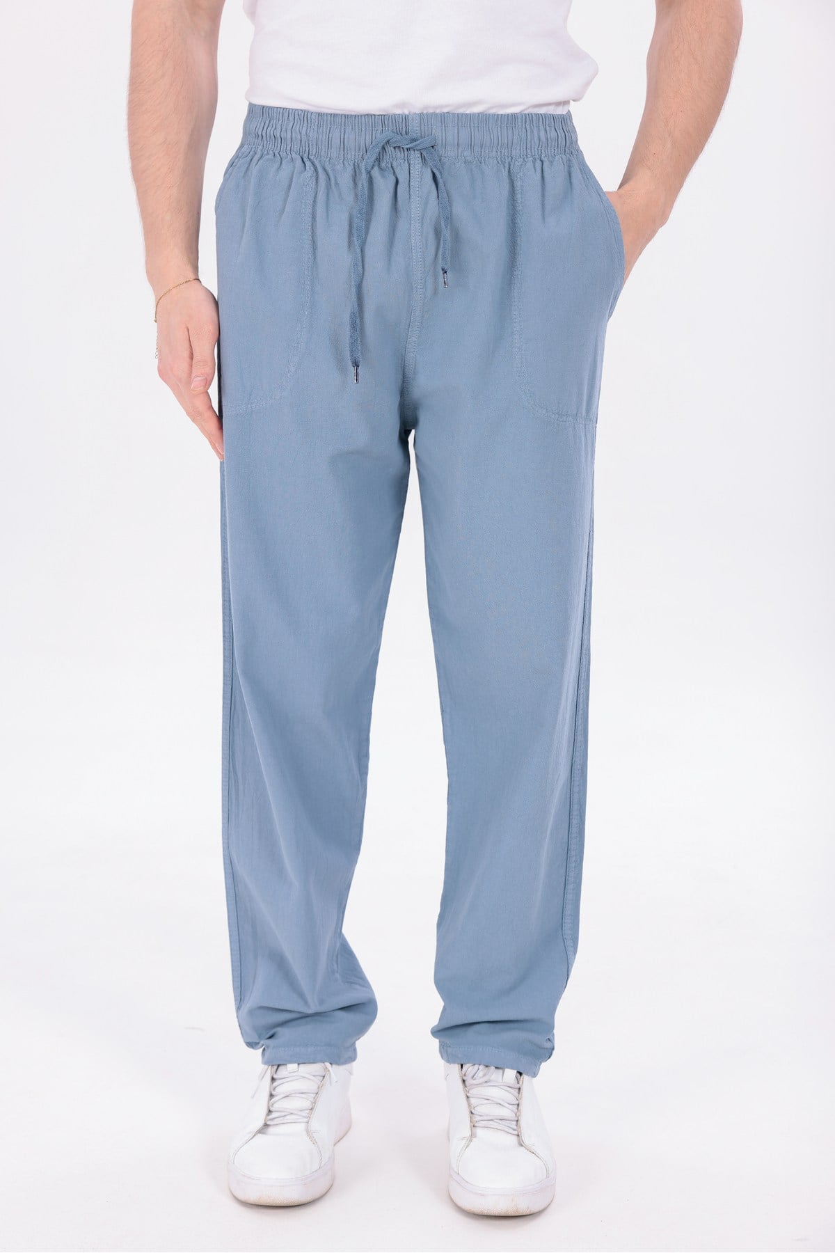 Erkek Buz Mavi Jogger Pantolon Beli Lastikli Bağcıklı %100 Pamuk Keten Baggy Rahat Günlük Pantolon