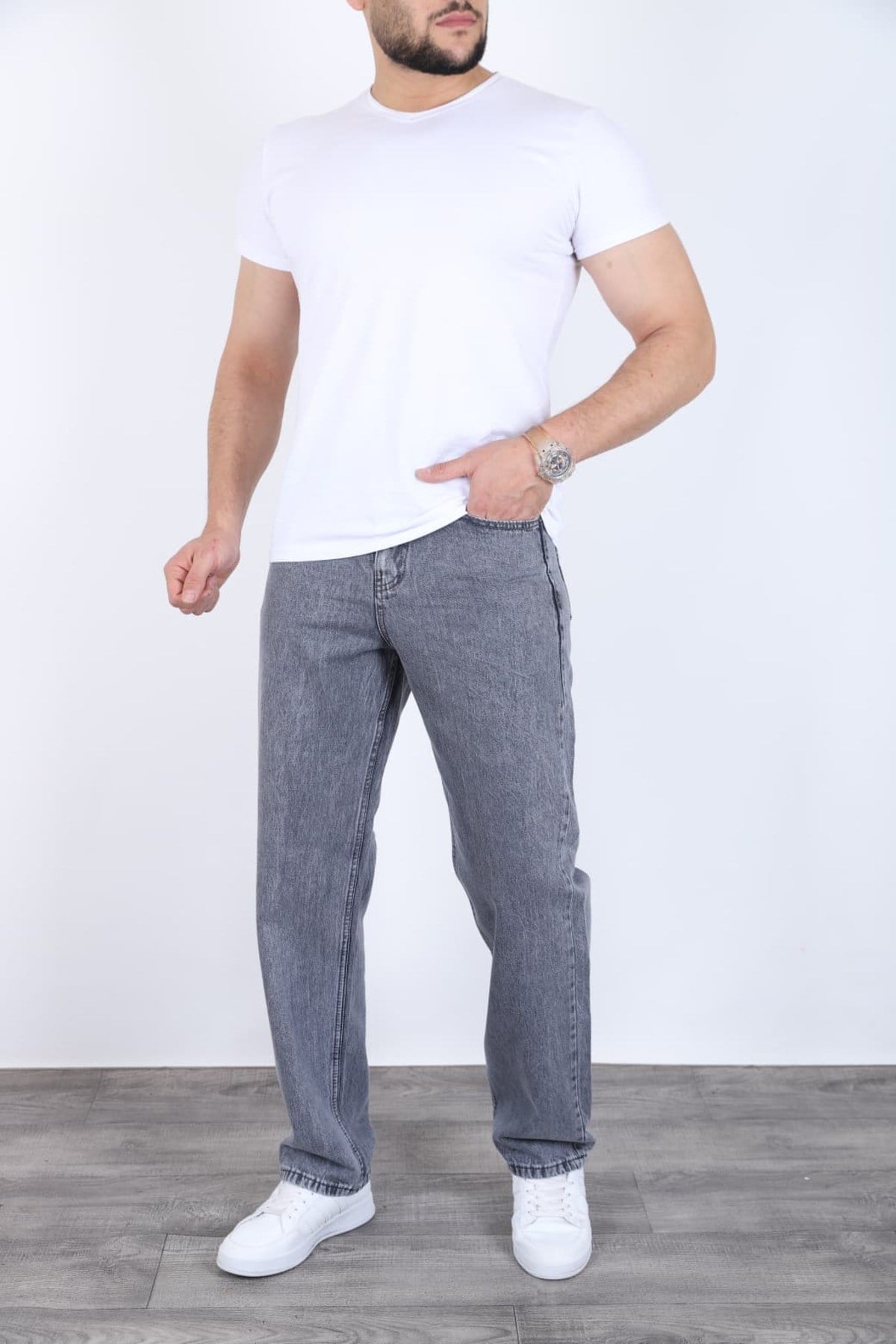 Erkek Gri Baggy Kot Pantolon - Geniş Kalıp Günlük Rahat Denim Jean
