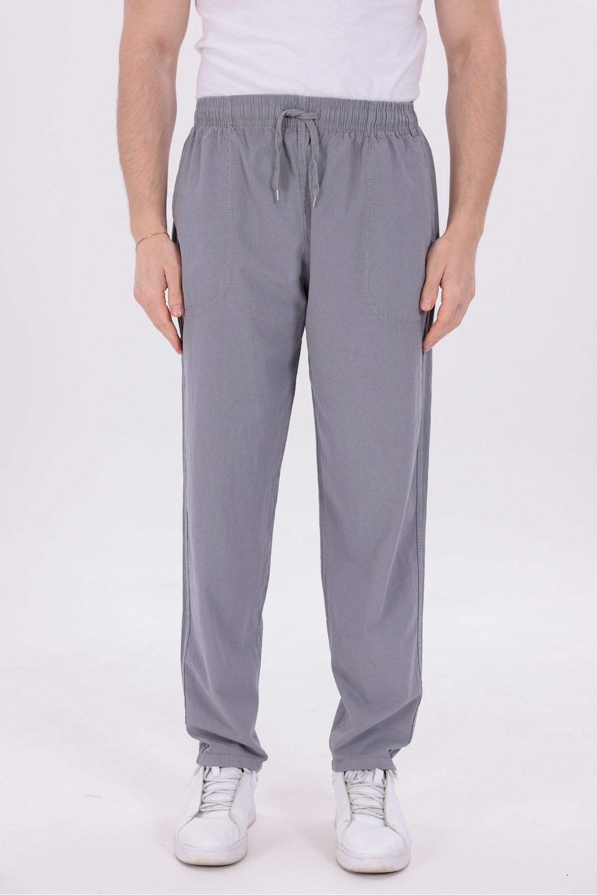 Erkek Gri Jogger Pantolon Beli Lastikli Bağcıklı %100 Pamuk Keten Baggy Rahat Günlük Pantolon