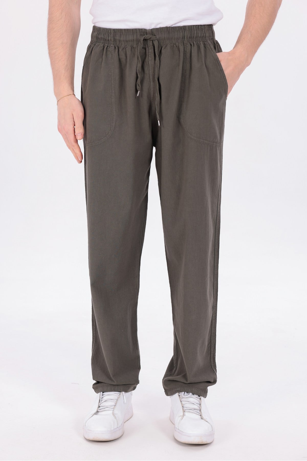 Erkek Haki Jogger Pantolon Beli Lastikli Bağcıklı %100 Pamuk Keten Baggy Rahat Günlük Pantolon