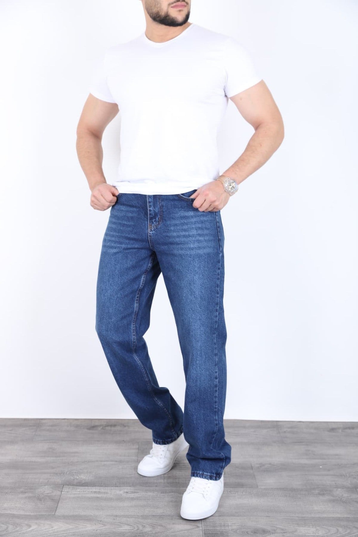 Erkek Kobalt Mavi Baggy Kot Pantolon - Geniş Kalıp Günlük Rahat Denim Jean