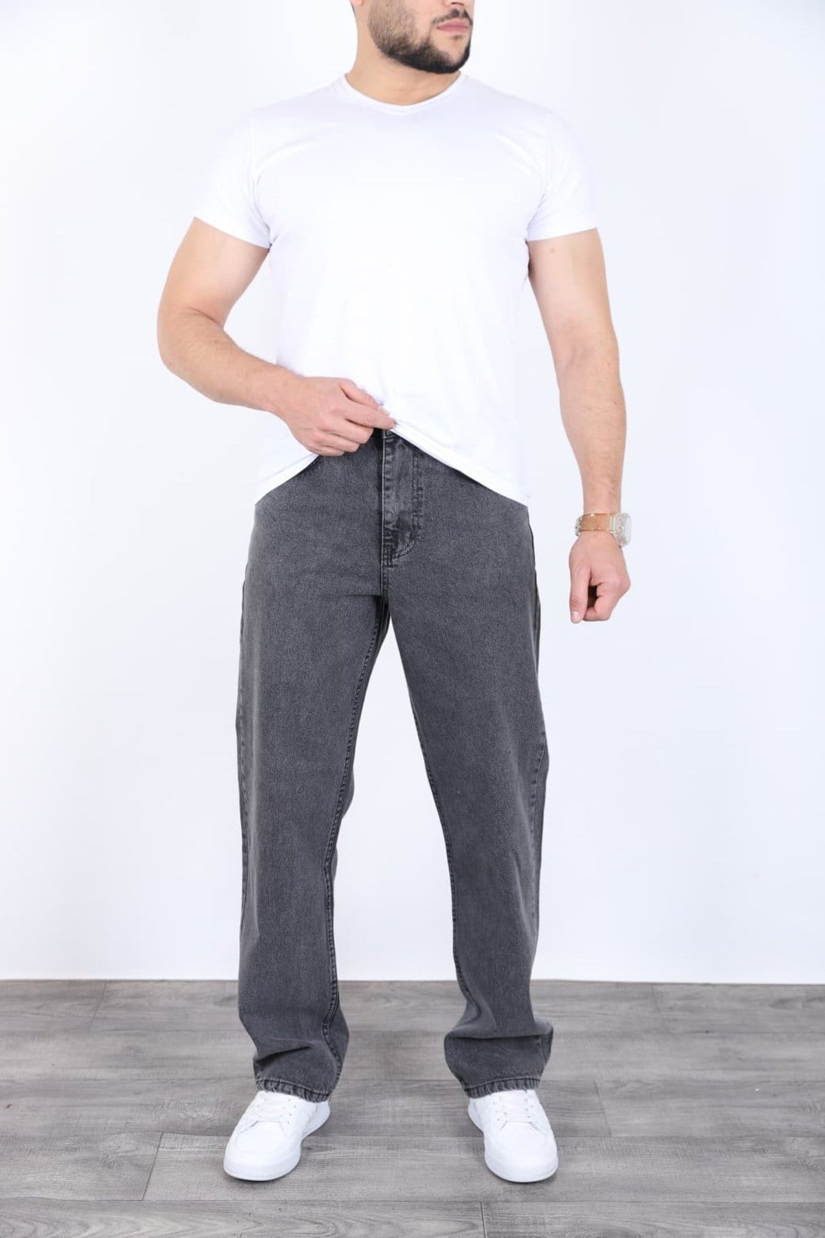 Erkek Koyu Gri Baggy Kot Pantolon - Geniş Kalıp Günlük Rahat Denim Jean