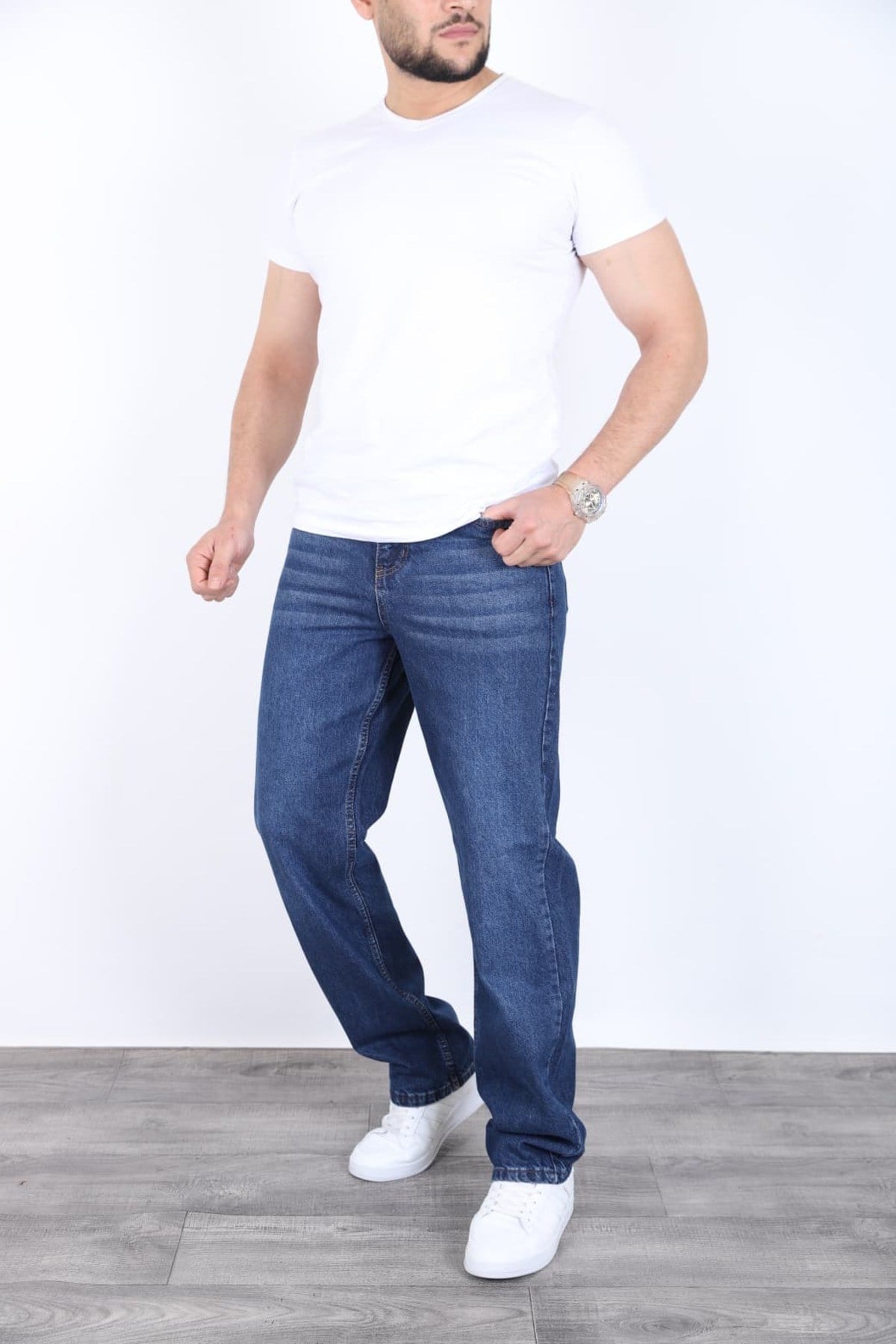 Erkek koyu Toz mavi Baggy Kot Pantolon - Geniş Kalıp Günlük Rahat Denim Jean