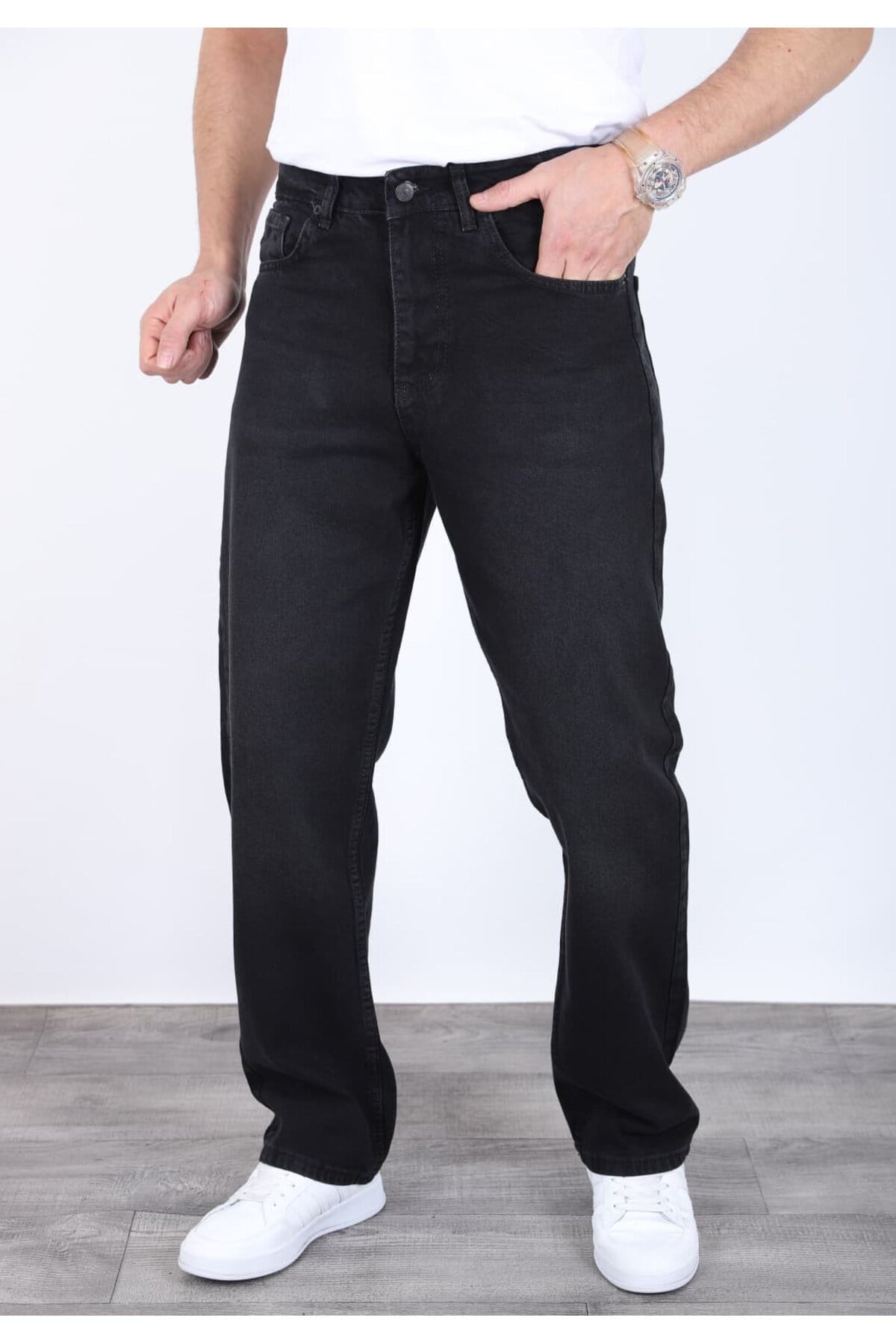 Erkek Mat Siyah Baggy Kot Pantolon - Geniş Kalıp Günlük Rahat Denim Jean