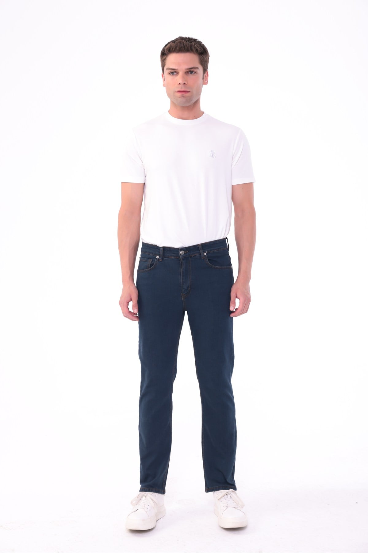 Erkek petrol mavisi Diz İzi Yapmayan Pamuklu Esnek Denim Jean Kot Pantolon Regular Kalıp