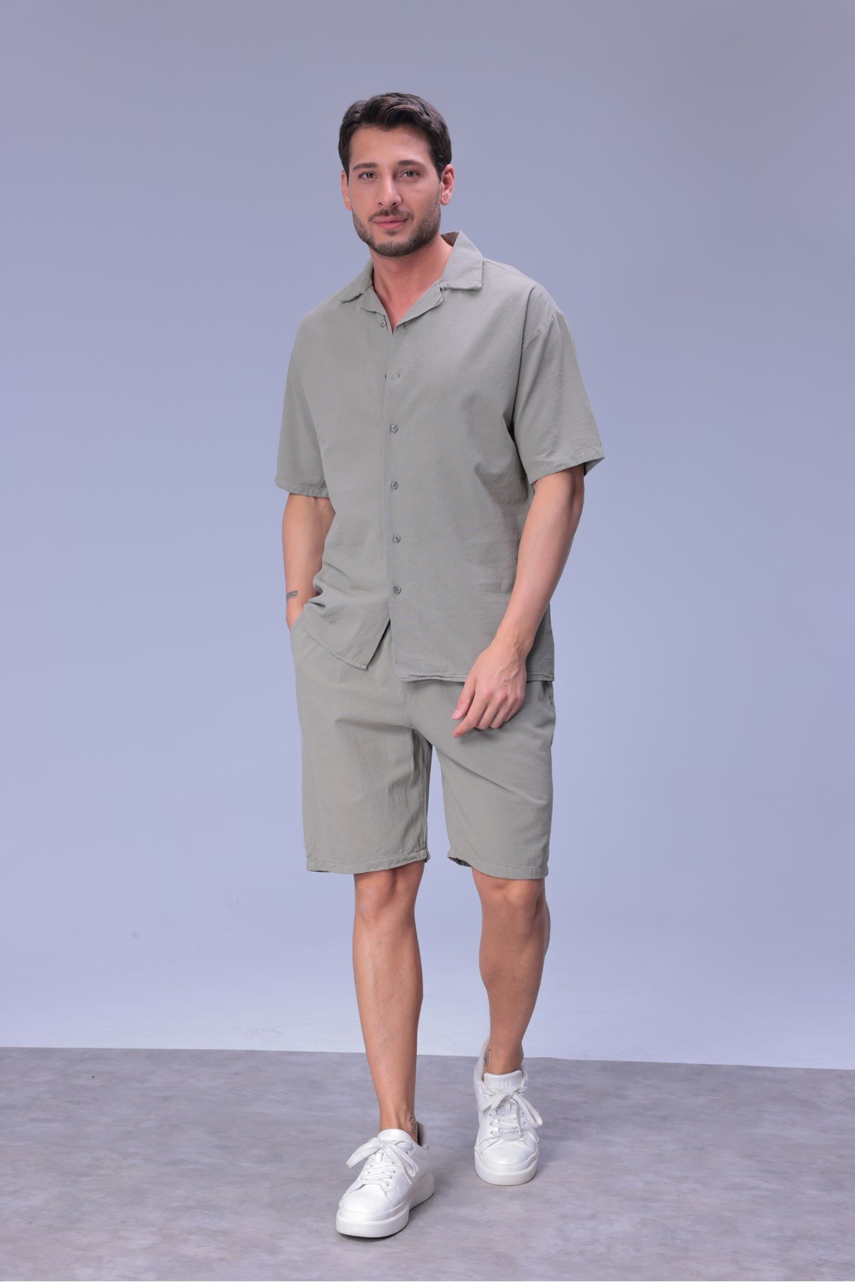 Erkek Rahat Kalıp Cepli Keten Gömlek ve Beli Lastikli Şort Yazlık Oversize Takım
