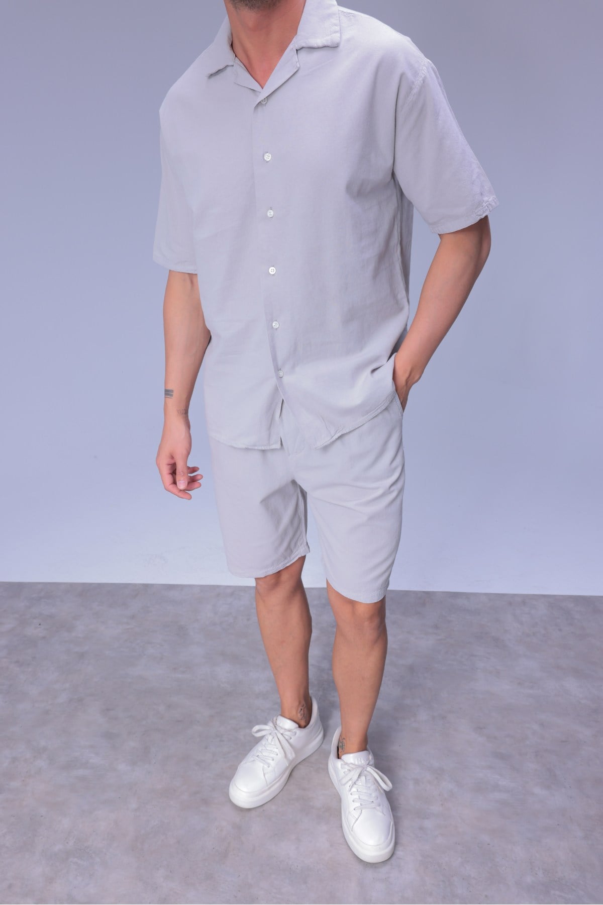 Erkek Rahat Kalıp Cepli Keten Gömlek ve Beli Lastikli Şort Yazlık Oversize Takım