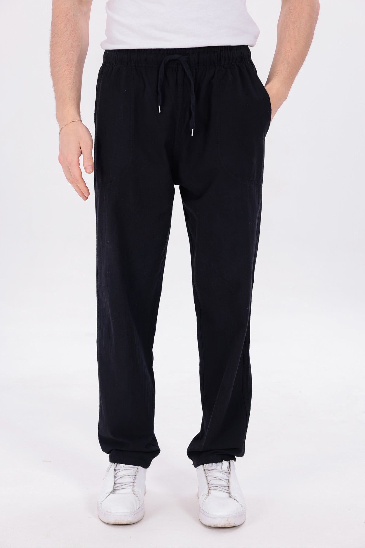 Erkek Siyah Jogger Pantolon Beli Lastikli Bağcıklı %100 Pamuk Keten Baggy Rahat Günlük Pantolon