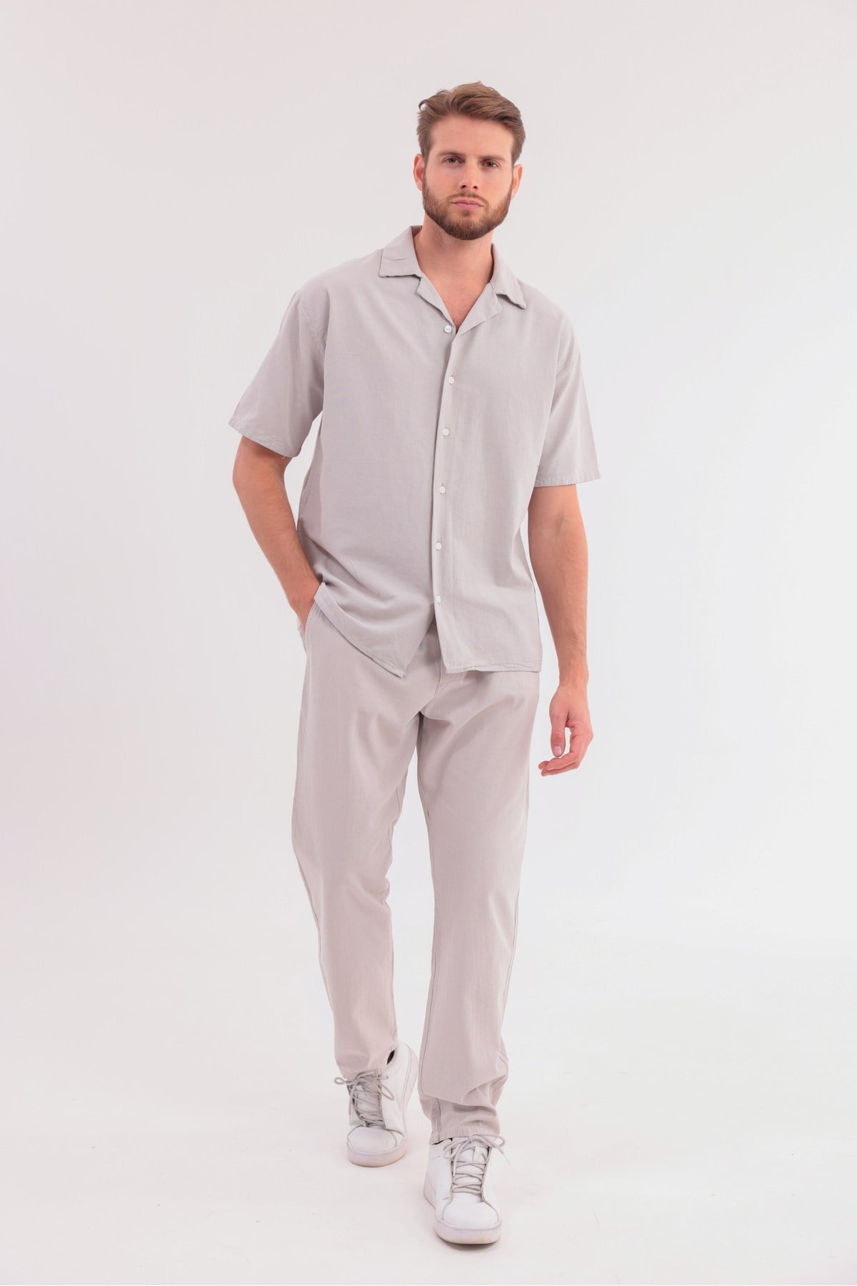 Erkek Taş Keten Takım Oversize Gömlek & Pantolon 2’li Set Bağcıklı Rahat Yazlık Kombin