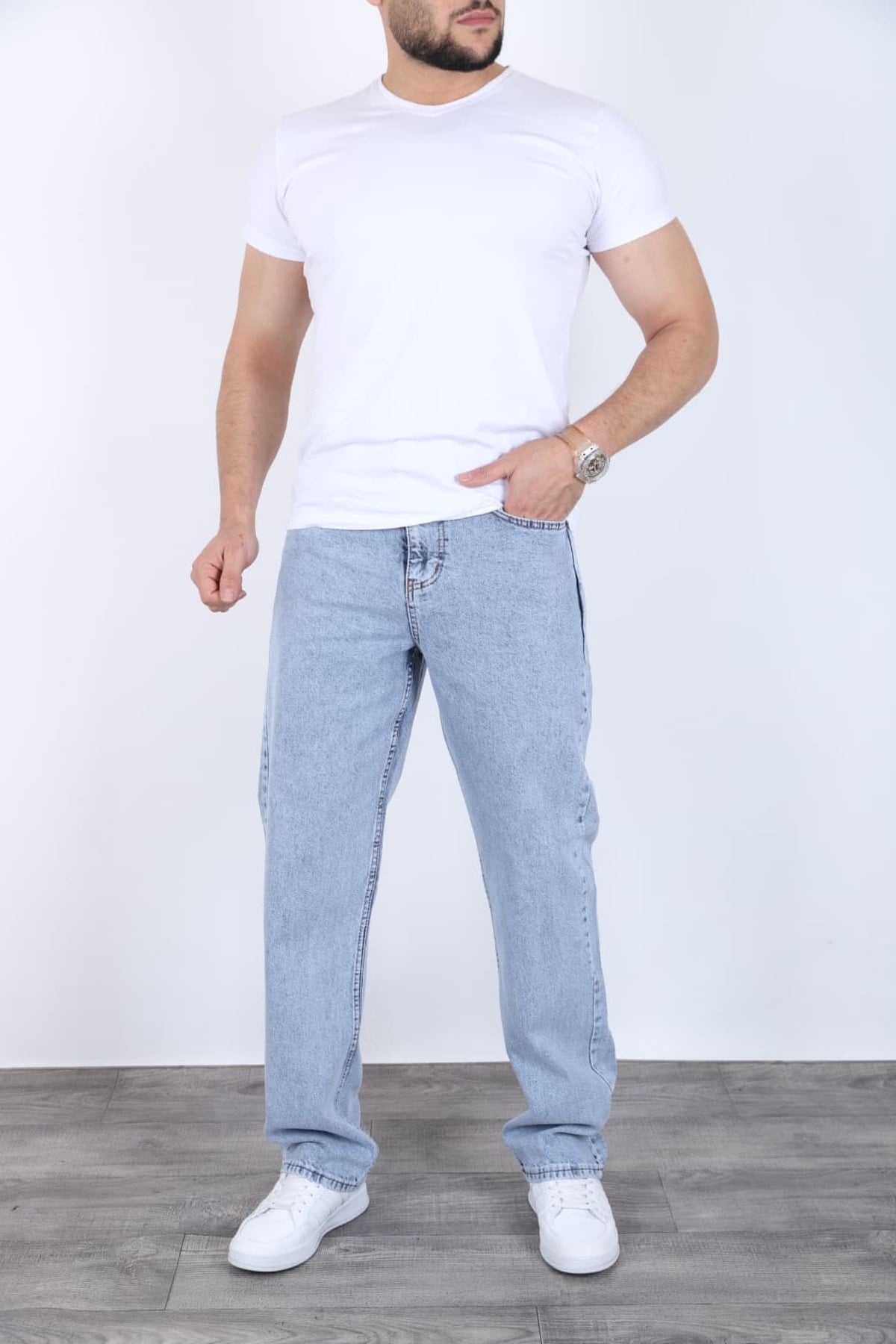 Erkek Toz mavi Baggy Kot Pantolon - Geniş Kalıp Günlük Rahat Denim Jean